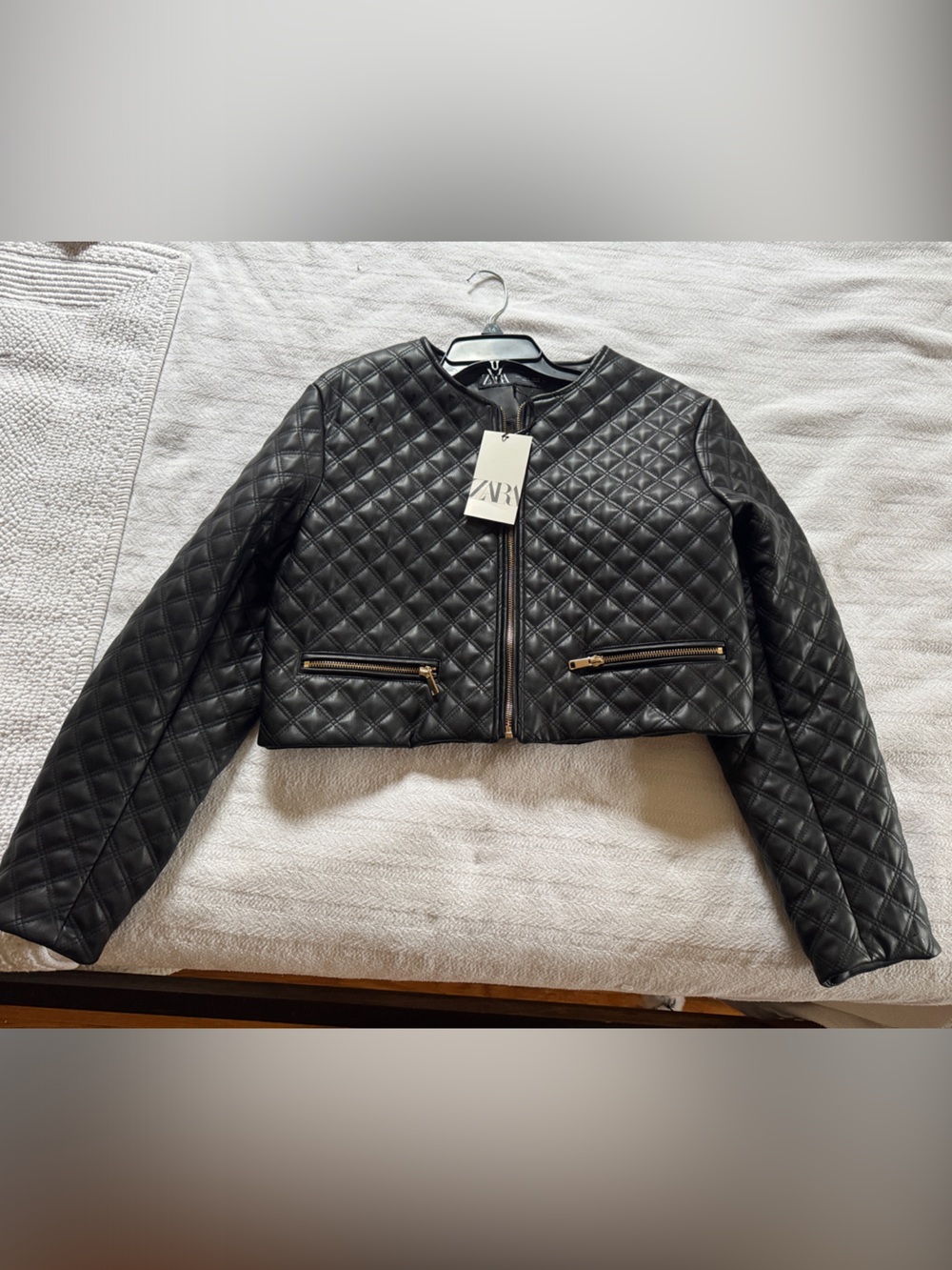 Zara Black Quilted Faux Leather Moto Jacket with Gold Zippers